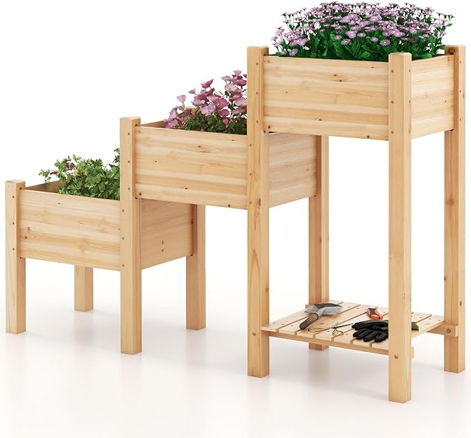 Byroce 3-Tier Raised Garden Bed Wooden Elevated Garden Bed with 3 Planter Boxes Open Storage Shelf &amp Drainage Holes Fir Wood Outdoor Planter Stand for Flower Vegetable Herb in Garden Yard &amp