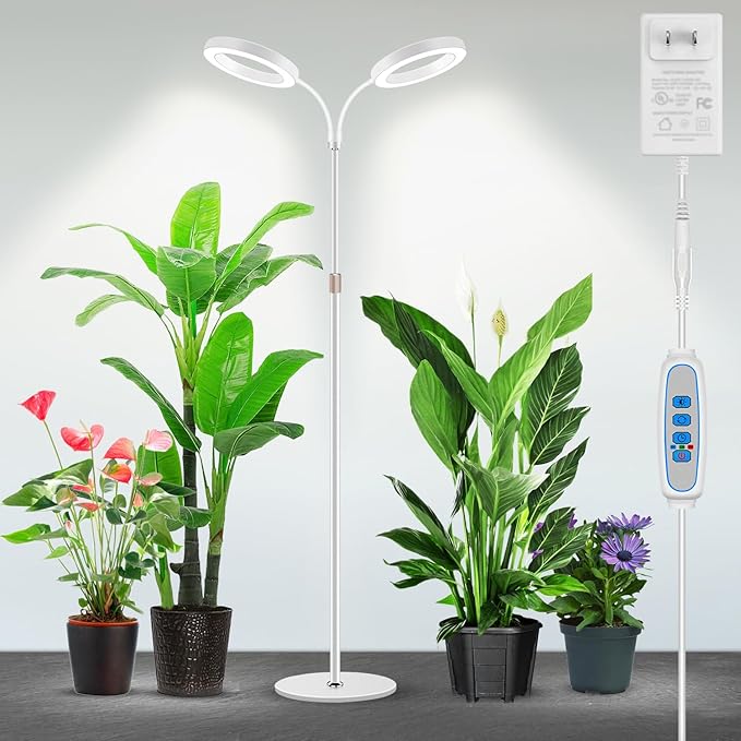 Garpsen Grow Lights for Indoor Plants Dual-Head Full Spectrum LED Plant Light with Stand 3 Color Modes Grow Lamp with Timer 6/12/16H 5 Dimmable Levels 168 LEDs and 67''Height Adjustable(White)