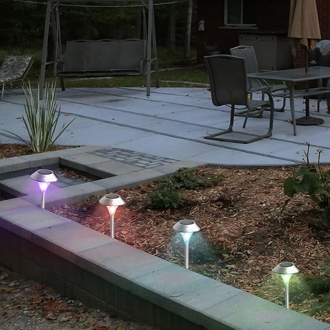 4 Pack ~ Stainless Steel Solar Power Garden Lawn Landscape Lamps w/ color changing timely 2 LED Lights