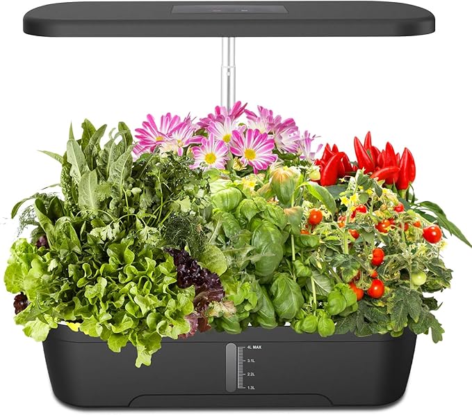 Black 12-Pod Hydroponics Growing System Earthless Growing System Indoor Garden Herb Garden Kit Smart Hydroponic Garden with LED Grow Light &amp Automatic Timer Adjustable Height