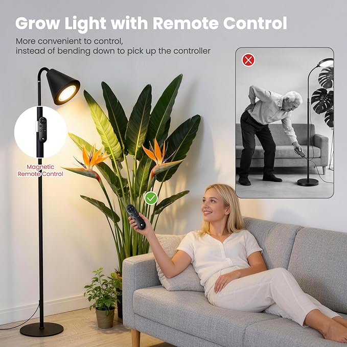 Grow Lights for Indoor Plants 20W Full Spectrum Growing 63in Adjustable Height Stand 4/8/12/16H Auto Cycle Timer 10 Levels Dimmable Remote Control Standing Grow Floor Lamp for Small to Tall Plant