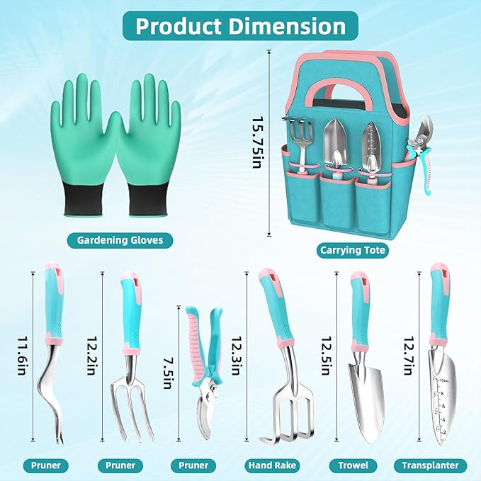 MelonArt Garden Tool Set8 Pcs Gardening Hand Tool Starter Kit for Women Heavy Duty Outdoor Tool Kit Aluminum Alloy with Non Slip Ergonomic Handle Ideal Gifts for Women and Men Green&ampPink