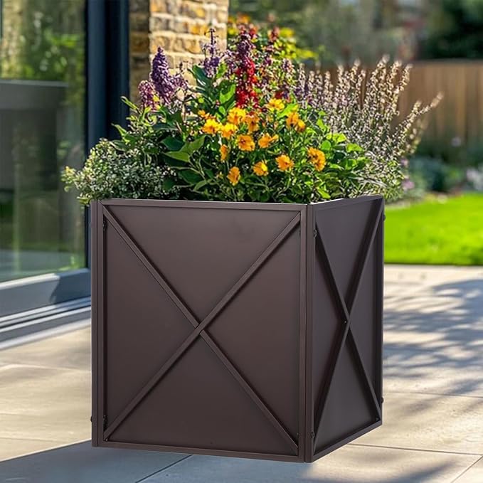 SUNNYPARK Large Metal Planter Box 17”x 17”x 18” Square Modern Brown Metal Planter Box Heavy Duty with Drainage Holes for Outdoor Garden Patio