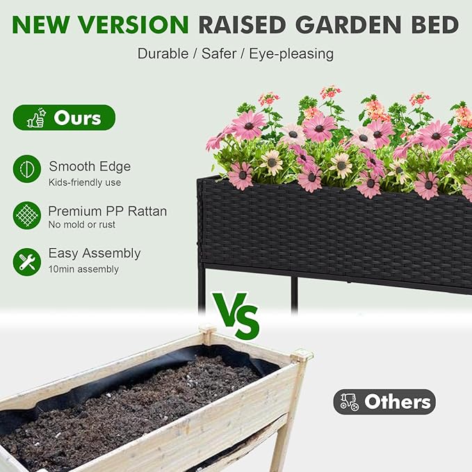 Kinpaw Rattan Raised Garden Bed with Liner- Planter Box with Underneath Tool Storage Rack Elevated Planting Containers with Legs Handmade Wicker Plants Pot Holder for Herbs Vegetables Flowers