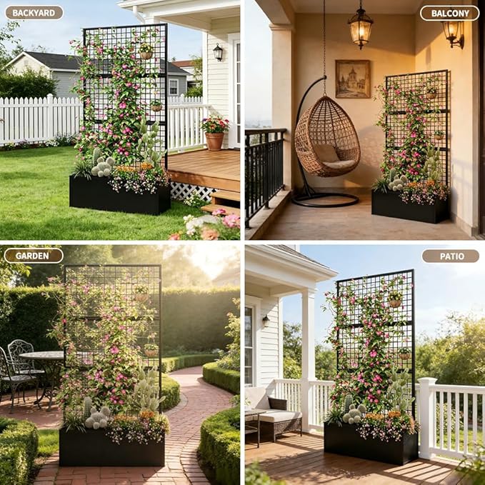 Metal Raised Garden Bed with Trellis and Privacy Screen 71×47.2×16 Planter Box with Drainage Holes for Climbing Plants Vegetables Vines Outdoor Sturdy Planter Box for Patio Backyard Black