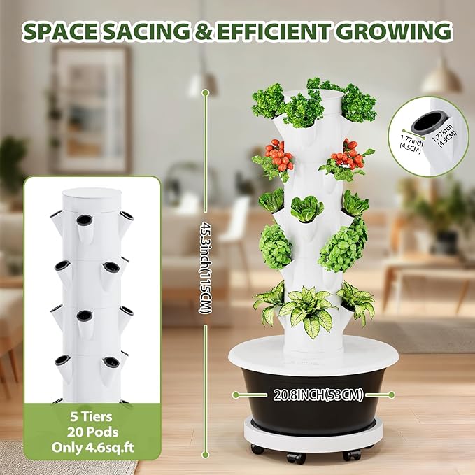 SPECILITE Hydroponics Growing System Kit Movable Hydroponic Tower with 5 Tiers 20 Pods Vertical Indoor &amp Outdoor Gardening System with Pump &amp Timer for Vegetables Fruits Herb