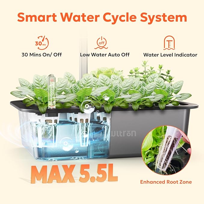 owltron Smart Hydroponics Growing System Kit15 Pods Indoor Herb Garden with 36W LED Grow Light &amp APP Control Planting Height Up to 30 Quiet Water Pump Ideal Gift for All Ages Dark Silver