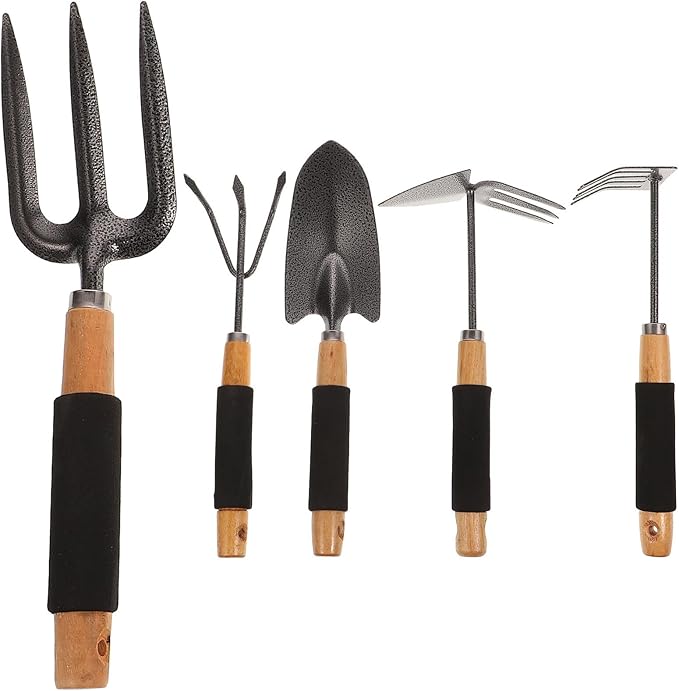 5pcs Ergonomic Garden Tool Set Gardening Shovels and Harrow Includes Storage Rack Outdoor Planting and Soil Cultivating Hand Tools for Lawn Care and Garden Maintenance