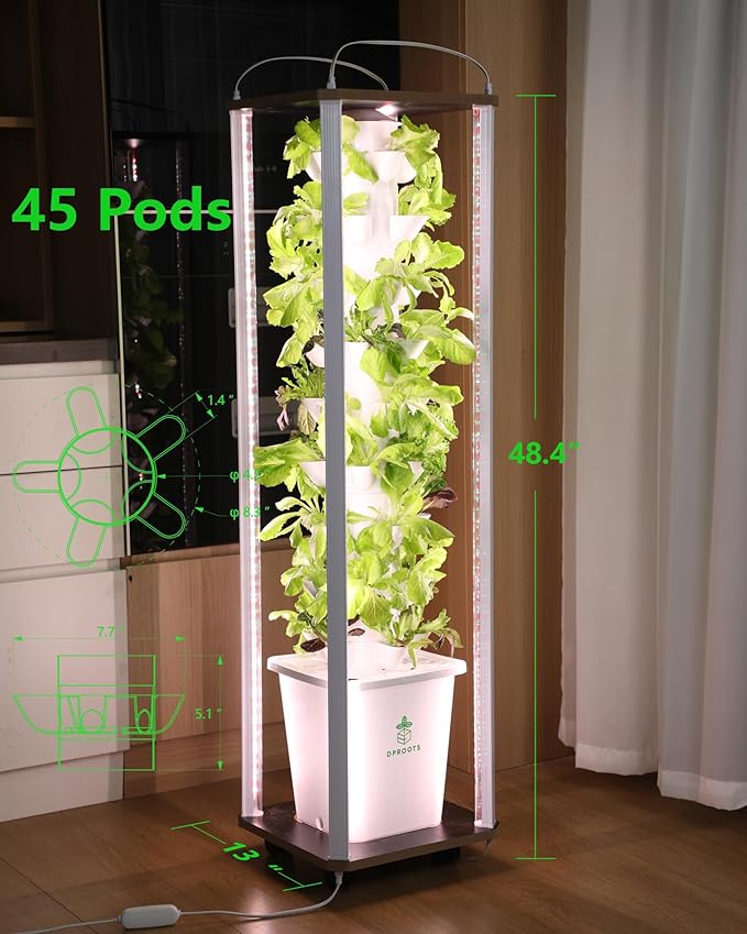 Hydroponics Tower Growing System45 Pods Vertical Indoor Garden360° Full-Spectrum Lights Automatic Water Circulation SystemSuitable for Leafy Greens and HerbsInclude Seed Starter Tray