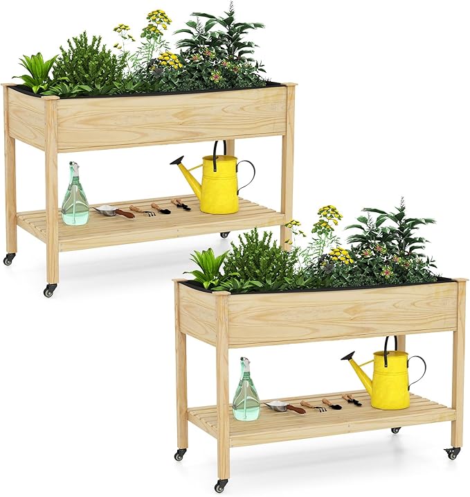 S AFSTAR 2 Pieces Wooden Raised Garden Bed with Wheels Elevated Planter Box with Legs Storage Shelf Liner &amp Drainage Holes Indoor Outdoor Patio Gardening Box for Vegetable Flower &amp Herb