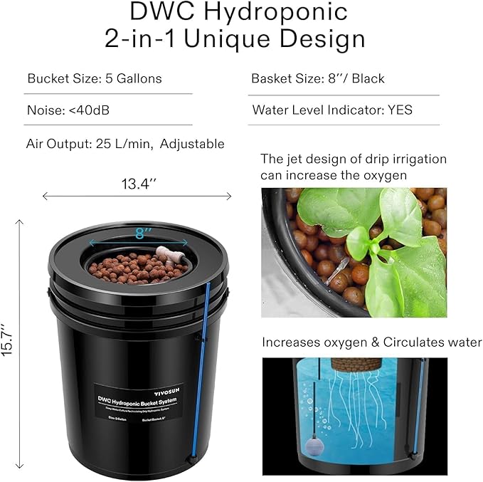 5 Gallon 4 Buckets+Reservoir Kit 2-in-1 Deep Water Culture Grow Kit System with Air Stone and Water Level Device