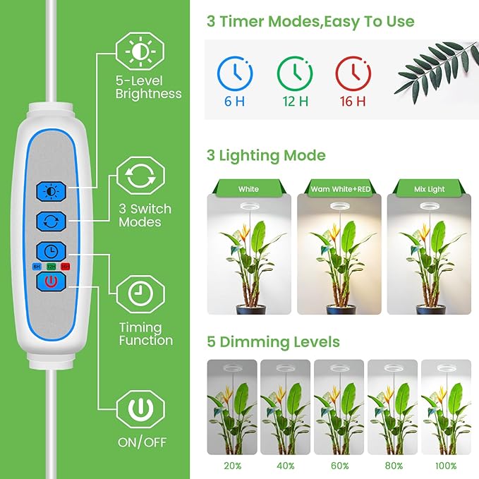 Grow Lights for Indoor Plants 6000K Full Spectrum Plant Grow Lights Height Adjustable 10-65 Growing Lamp Automatic Timer 6/12/16Hrs 5-Level Dimmable Idea for Large Plant 2 Pack