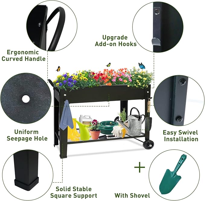 aboxoo Large Planter Raised Beds with Legs Outdoor Metal Planter Box on Wheels Elevated Garden Bed for Vegetables Flower Herb Patio (40 L x 11 W x 31.5 H)