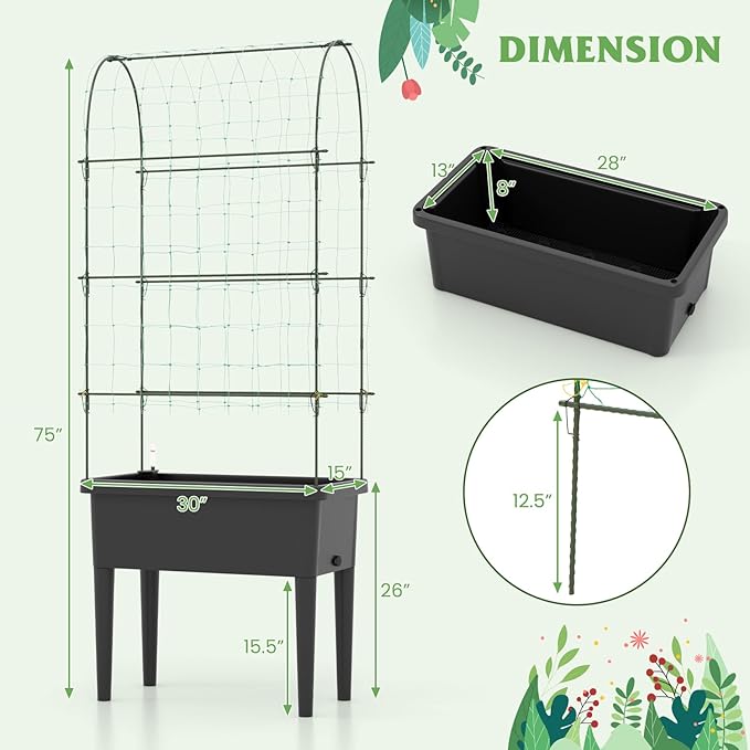 Happygrill Raised Garden Bed with Trellis 4 in 1 Self-Watering Planter w/Water Level Observer Drainage Holes Climbing Net &amp Detachable Legs Garden Cucumber Planter for Vegetables Flowers