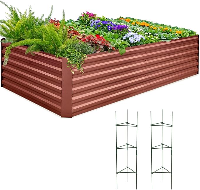 Quictent Galvanized Raised Garden Bed 8x4x2 Ft Tall Metal Planter Box for Vegetables Bottomless for Backyard 2 Tomato Cages Included 22.04 Deep Terracotta