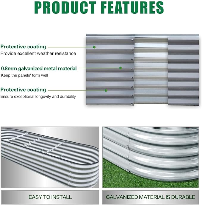 GrowHaus 8x2x1.4FT Galvanized Raised Garden Bed Planter Boxes Outdoor Large Metal Garden Beds for Planting Vegetables Flowers Herbs Silver