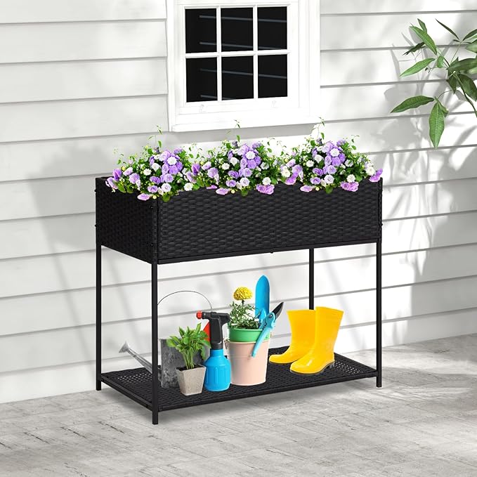 Kinpaw Rattan Raised Garden Bed with Liner- Planter Box with Underneath Tool Storage Rack Elevated Planting Containers with Legs Handmade Wicker Plants Pot Holder for Herbs Vegetables Flowers