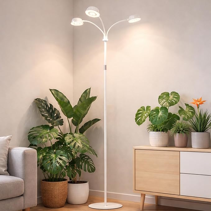 LORDEM Full Spectrum Plant Light for Indoor GrowingTri-Head Grow Light with Stand for Large PlantsAuto ON/Off Timer 6/8/12/16H 5 Dimmable Levels 20-70 inches Adjustable Height