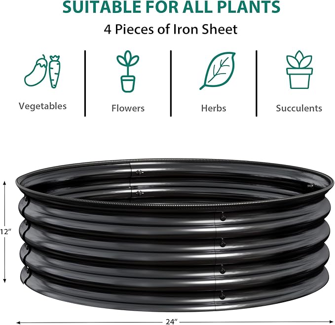 PeakPursuit Round Raised Garden Bed 2 Pcs 2x2x1ft Round Galvanized Steel Raised Garden Bed Kit Rust-Resistant Easy Assembly Safe Edging for Vegetables Fruits Flowers Black