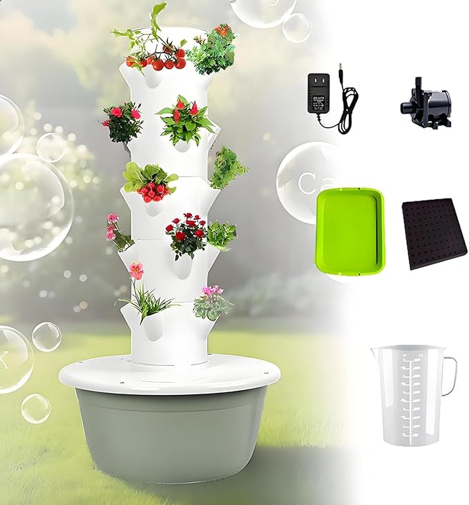 Hydroponic Tower Hydroponics Growing System Vertical Hydroponics Garden Tower Aeroponic Tower with Hydrating Pump and Movable Water Tank for Herbs Fruits and Vegetables Green-5Layer