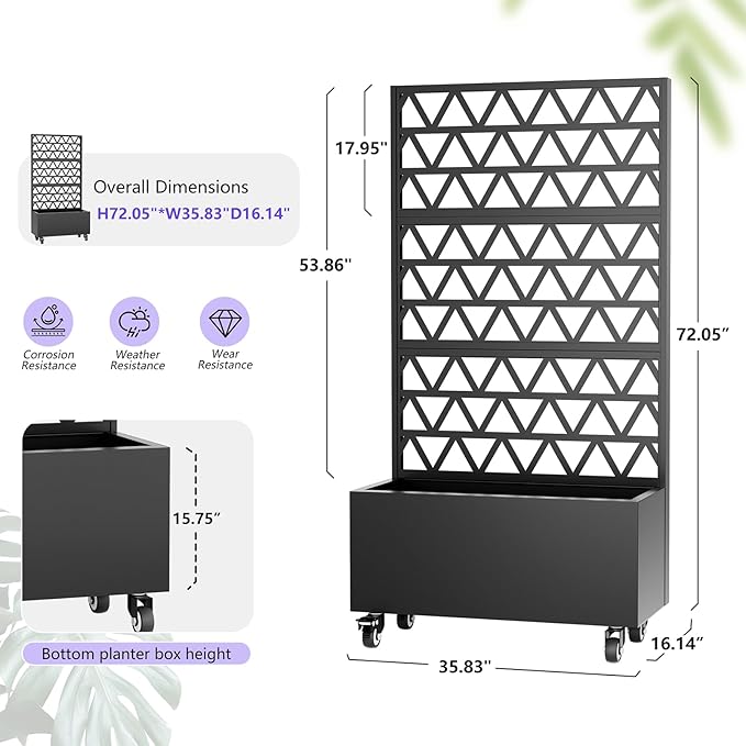 Metal Planter Box with Trellis 73-Inch Tall Raised Garden Bed with Wheels Privacy Screen Planter for Climbing Plants Vegetables &amp Vines Galvanized Steel Outdoor Privacy Shield Black (Square-1