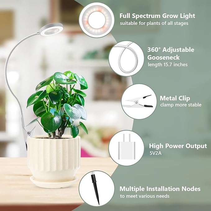 Grow Lights for Indoor Plants Full Spectrum Clip on Plant Lights for Indoor Growing White Halo Grow Lamp 3 Pack with 360° Gooseneck 6/12/16H Timer 3 Light Modes 5 Dimmable