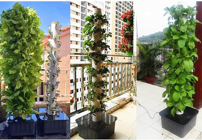 Hydroponics Tower Aquaponics Grow System Garden Tower Aeroponics Growing Kit for Herbs Fruits and Vegetables with Hydrating Pump Adapter Net Pots