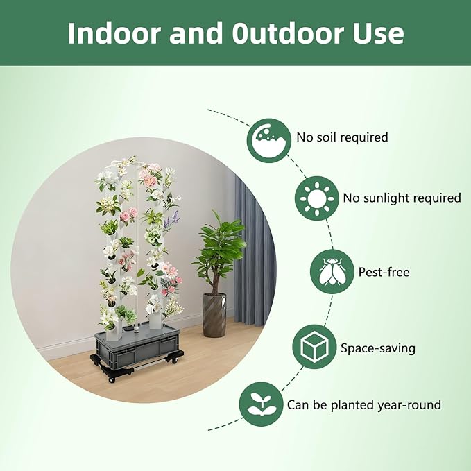 Hydroponics Growing System Tower 56 Holes Vertical Garden Indoor 64 Tall Plant Growing Tower with Wheels Soilless NFT Hydroponic Grow Kit with Water Pump &amp Timer for Vegetables Lettuce Herbs