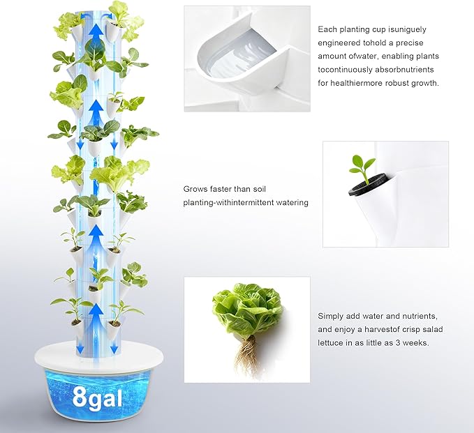 Vertical Hydroponic Growing Tower 36-Plant Indoor &amp Outdoor Hydroponics System with Auto Watering Pump Adjustable Height Space-Saving Soilless Garden for Vegetables Herbs &amp Fruits (9 Layer