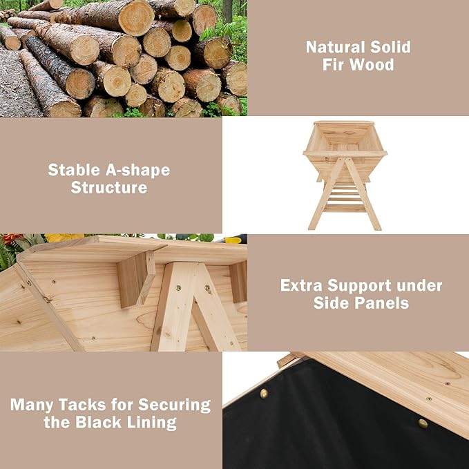 Giantex Raised Garden Bed Wood Planter Raised Bed with Storage Shelf Outdoor Plant Box Black Liner Drainage Hole Elevated Freestanding Garden Box for Patio Backyard Balcony 59x31x32.5