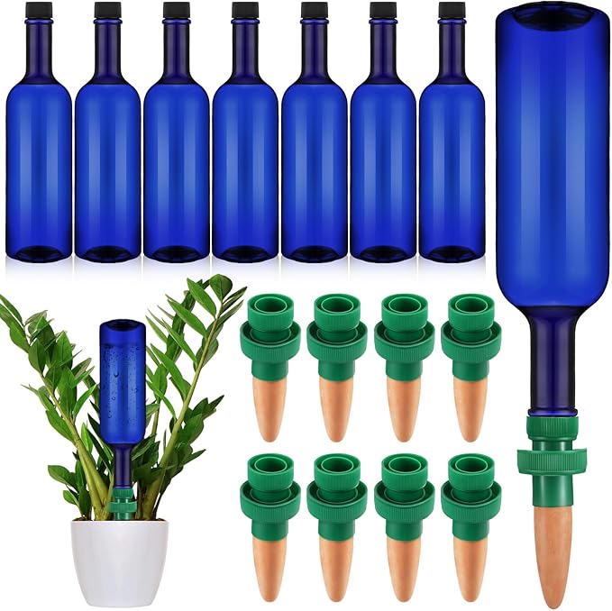 8 Set Plant Watering Devices Include Self Watering Spikes and 26 oz Plastic Bottles Plant Waterer Devices with Adjustable Control Valve Switch Indoor Outdoor (Blue)