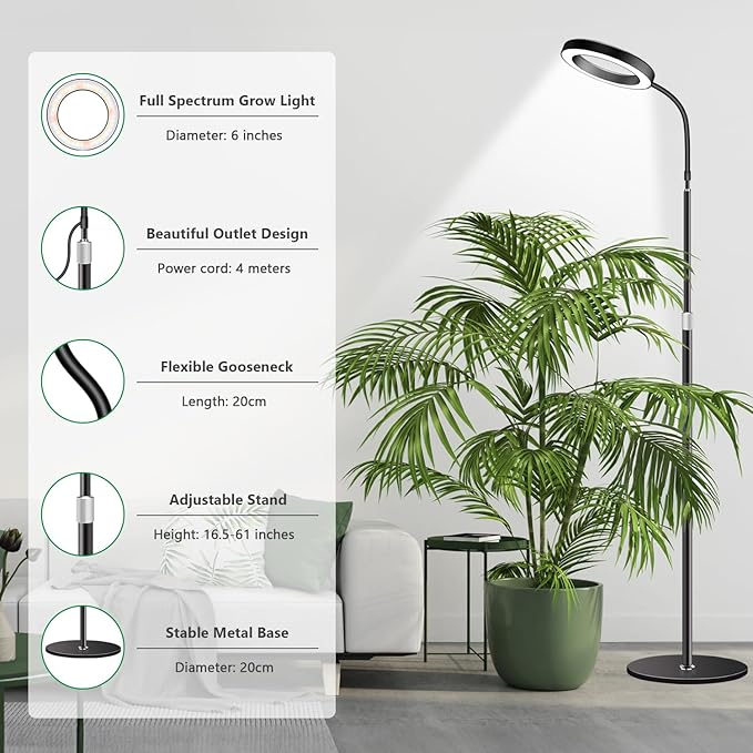 Grow Lights for Indoor Plants Full Spectrum Floor Standing Plant Lights with 68 Stand for Growing Large Tall Plants Black Halo LED Plant Grow Light with 6/12/16H Timer