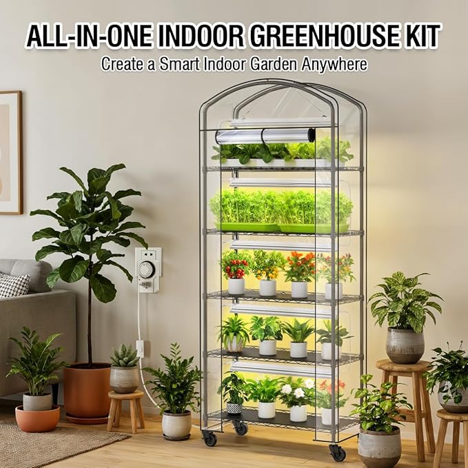 Small Indoor Greenhouse with Grow Light &amp PVC Cover Portable Mini Greenhouse Tent Shelves Adjustable 5 Tier Metal Plant Stand with Grow Light for Indoor Plants Seed Starting 29.5x13.7x71