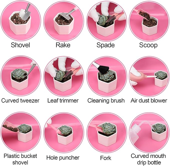 44pcs Small Gardening Tools Gifts for Women Beginners - Garden Hand Tools Set for Indoor Succulent Bonsai Plants Transplanting Included Bag/Repotting Mat/Shovel/Labels Pink