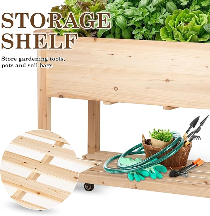 Raised Garden Bed with Lockable Wheels 40x24x32 inch Elevated Wood Planter with Storage Shelf Protective Liner for Vegetable Flower Herb Outdoor Balcony Patio Backyard Natural