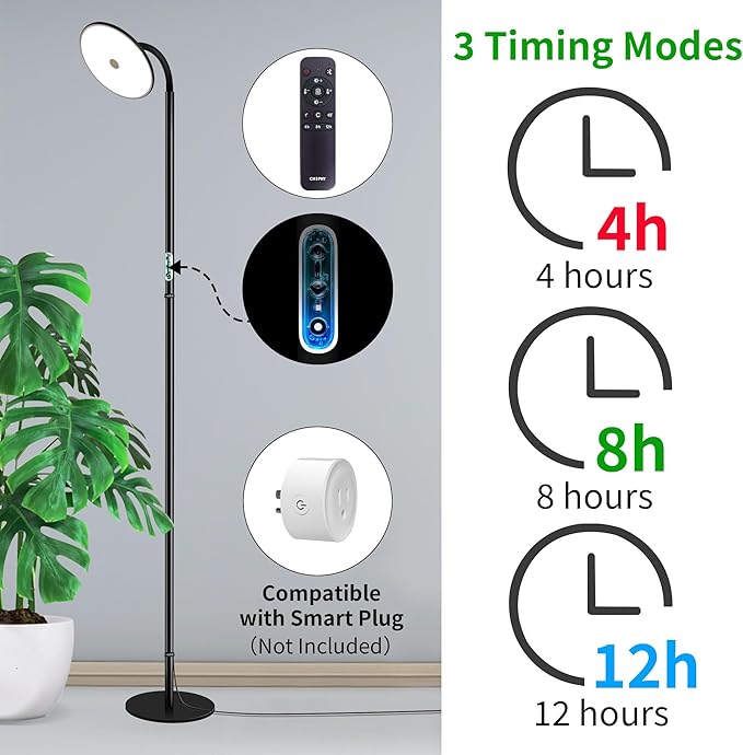 chiphy Grow Lamp 60W Full Spectrum Grow Lights for Indoor Plants 4/8/12H Timer 2300K-6500K 10 Dimmable Brigntness 76'' Height Adjustable Remote Control Ideal for Tall Large Plants