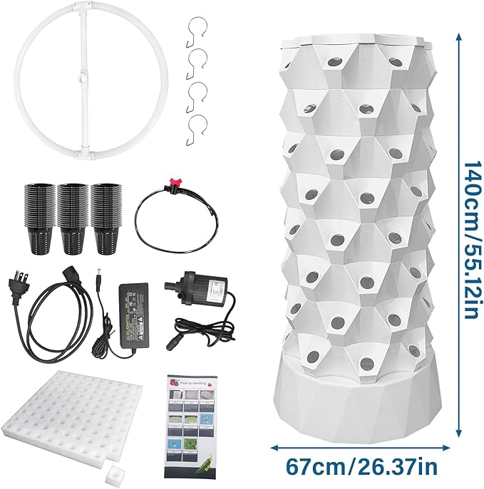 Hydroponic Tower Growing System 8 Layers 64 Pots with Water Pump Indoor Outdoor Hydroponics Planter Kit Vertical Garden Tower for Growing Strawberries Tomatoes Lettuce