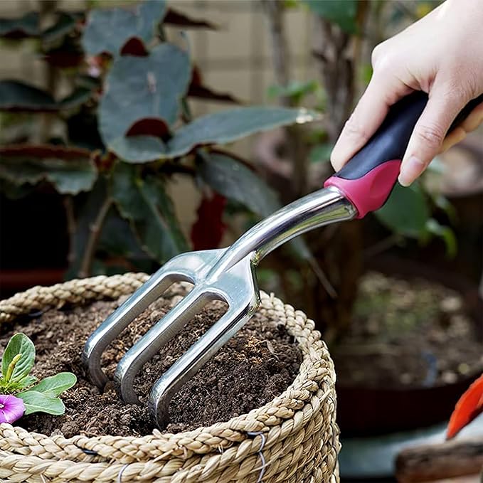 Qulable Tools Gardening Hand Tools 3 Piece Set - Heavy Duty Garden Trowel Transplanter Hand Rake - Comfort Grip Handle - Rust-Proof Design Cultivator Garden Hand Shovel