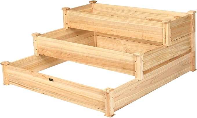 Giantex 3 Tier Raised Garden Bed Wood Elevated Planter Box Vegetable Flower Growing Bed Kit Outdoor Planting Container for Backyard Lawn Patio Planter Raised Beds Easy Assembly 49X49X22