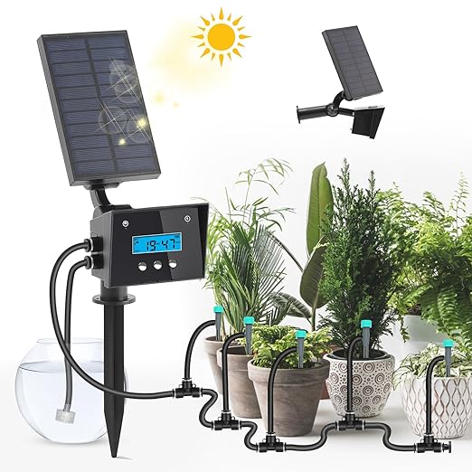 Solar drip Irrigation System Solar Automatic palnt Waterer for Outdoor Garden Irrigation System for VacationDrip Irrigation Kit with 2200mAh Battery&ampRain Sensing &ampLCD Screen