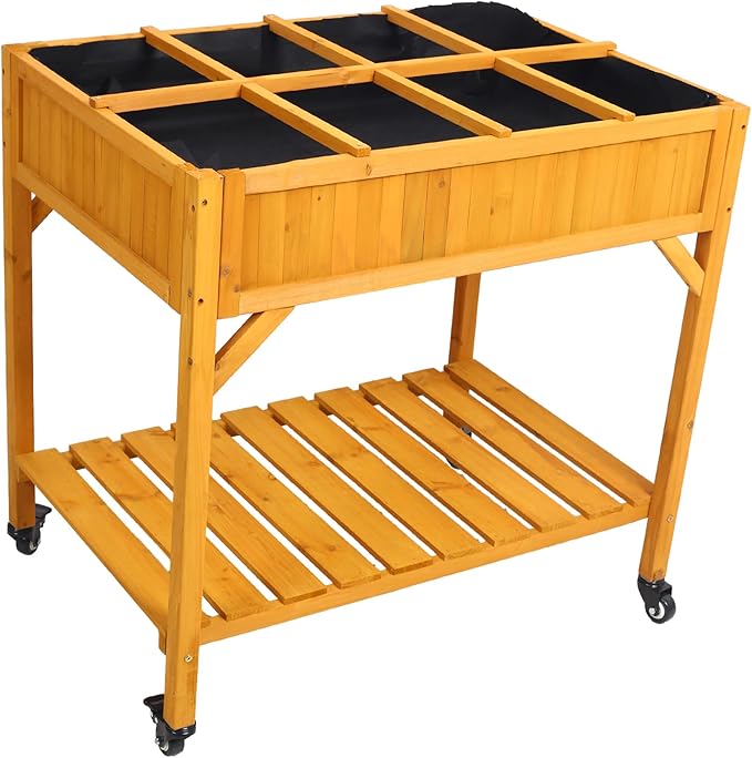 Elevated 8-Pocket Herb Garden Bed - Mobile Raised Customizable Wood Planter with Lockable Wheels Storage Shelf Drainage Holes