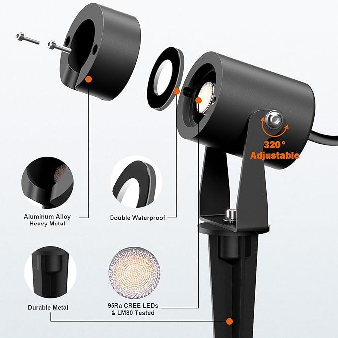 Low Voltage Landscape LED Spotlight 3W 12V AC/DC Outdoor Waterproof Garden Lights for Yard Pathway Tree Up Lighting Warm White 3000K High CRI 95+ Heavy Duty Light Fixture Black