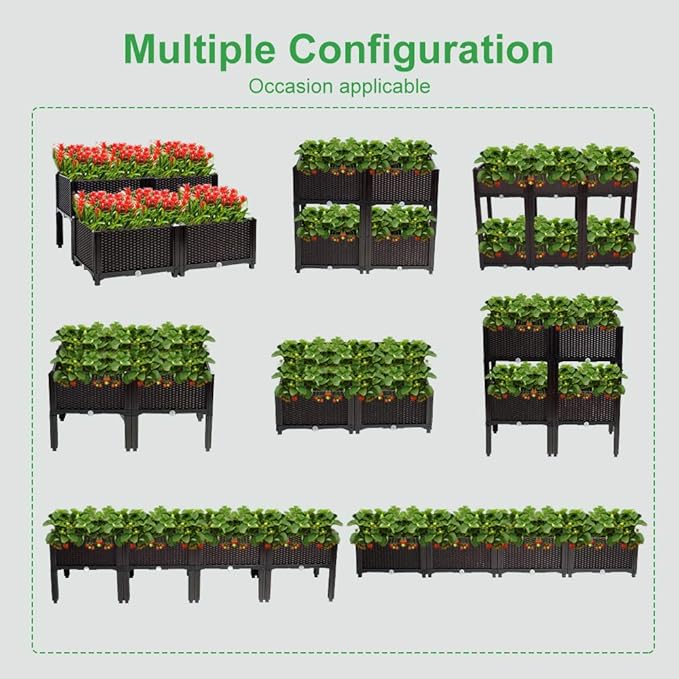 VINGLI Square Raised Garden Bed Self-Watering Plastic Planter for Indoor Outdoor Vegetables Fruits Potato Flowers All Weather (6 Pcs)