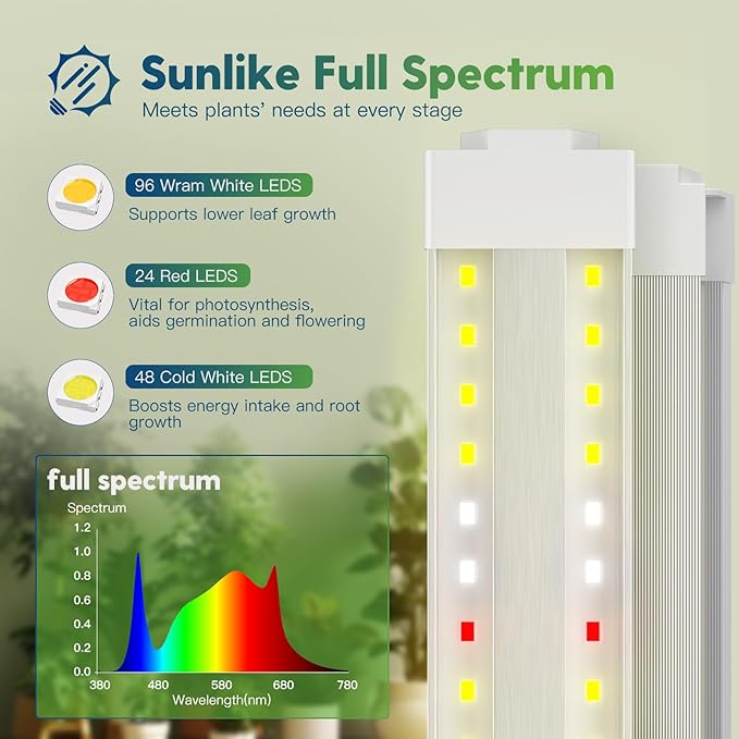 FREELICHT 4 Pack 4FT LED Grow Light with Timer 40W (250W Equivalent) Full Spectrum Grow Lights for Indoor Plants with 9/12/15H Timer Linkable Plant Growing Lamp for Hydroponic Plants Seeding Veg