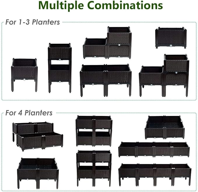 Giantex Raised Garden Bed Set of 4 Planter Raised Beds Kits with Drain Holes for Fruit Flowers Vegetables Outdoor Elevated Planting Box for Lawn Patio Balcony Easy Assembly Rattan-Like Look Brown