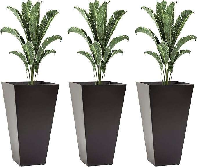 Set of 3 Tall with Drainage Hole 28 Outdoor Flower Pots Indoor for Porch Patio and Deck Brown