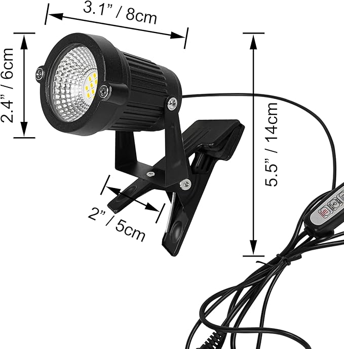 12V Dimmable Outdoor LED Spotlight Waterproof Clip Security Tree Spotlights Adjustable IP65 Mini Clip Lamp Plug-in Dimmer Timer Cord for RV Camper Billboards Courtyard 5W Warm White