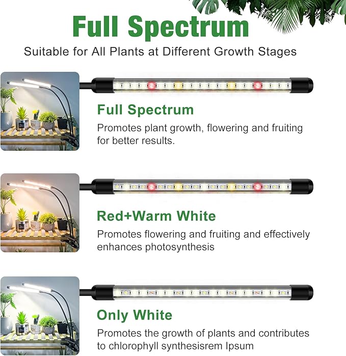 Wolezek Grow Lights for Indoor Plants 2 Pack 6000K LED White Plant Grow Lights Indoor Full Spectrum Grow Lamp with Clip Auto ON &amp Off Timer 6/12/16H 3 Modes 5-Level Dimmable Brightness