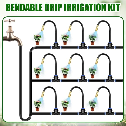 147ft Drip Irrigation Kit 5/16 Tube Automatic Watering System with 45pcs 360° Adjustable Brass Nozzles Water Saving DIY for Garden Lawn Yard Greenhouse Plants
