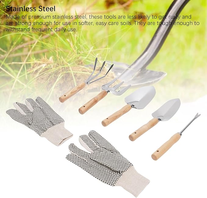 7pcs Gardening Hand Tools Set Stainless Steel Shovel Trowel Weed Puller Hand Fork with Wooden Handle for Weeding Planting Shoveling